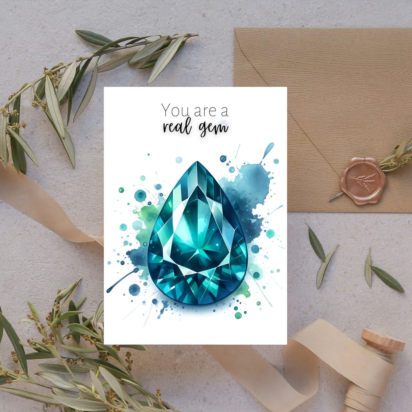 styled picture of Watercolor Pear Teal Sapphire You are a Real Gem Greeting Card