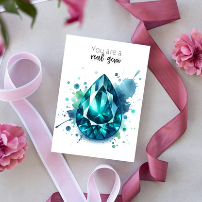 Watercolor Pear Teal Sapphire You are a Real Gem Greeting Card with pink ribbons