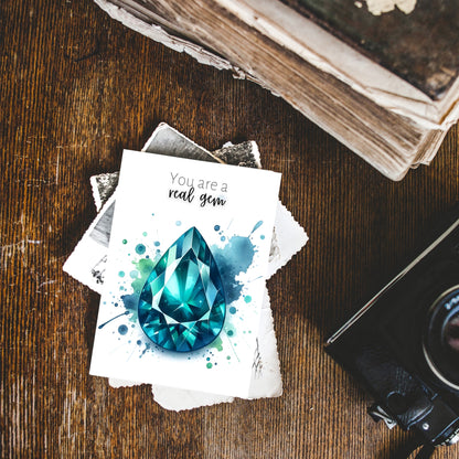 styled view at Watercolor Pear Teal Sapphire You are a Real Gem Greeting Card