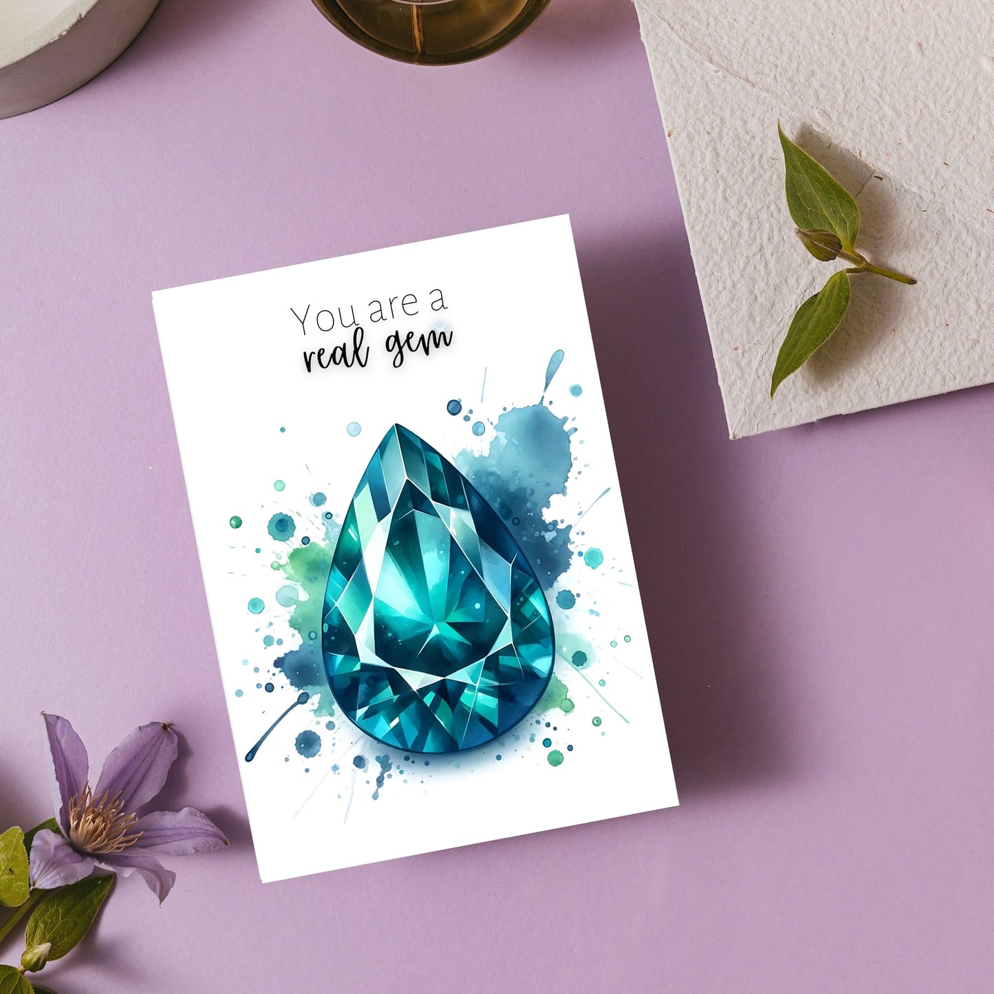 Watercolor Pear Teal Sapphire You are a Real Gem Greeting Card on purple background
