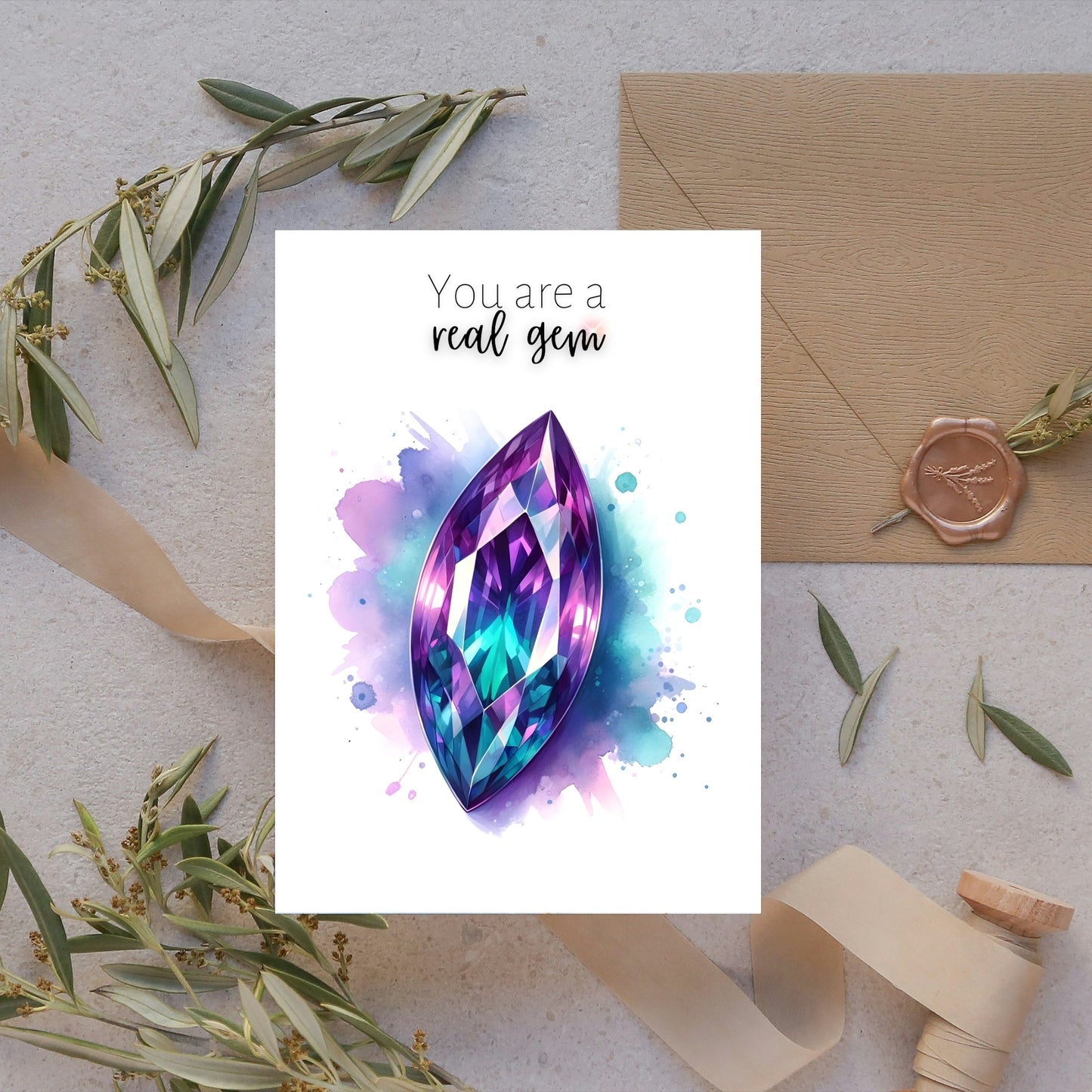 You are a real Gem | Watercolor Marquise Alexandrite Greeting Card
