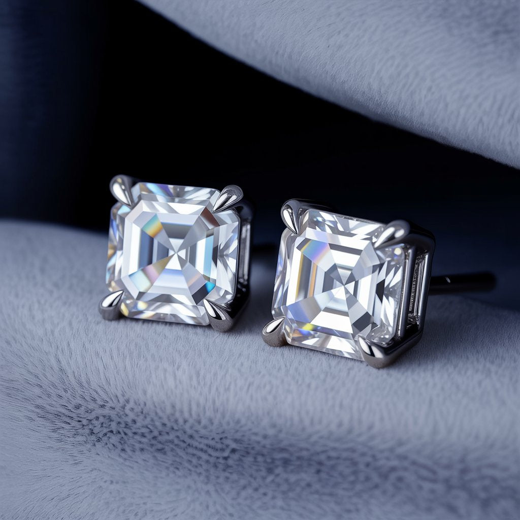 Pair of square Asscher cut diamond earrings on a textured blue surface