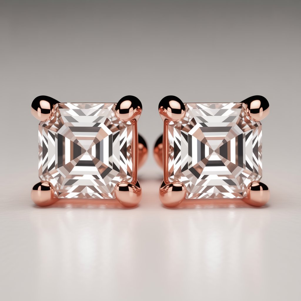 Pair of asscher cut moissanites or diamond earrings with rose gold prongs on a gray background