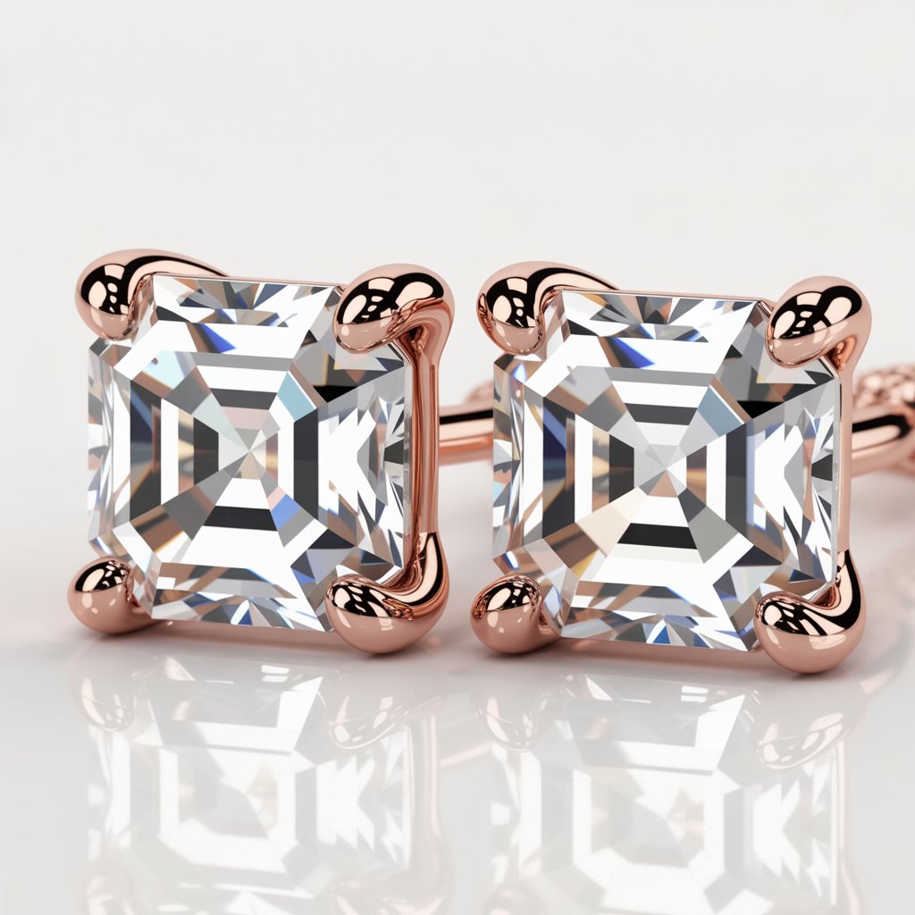 asscher cut moissanites or diamond earrings with rose gold prongs on a white reflective background