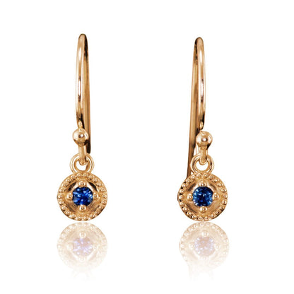 Australian Kings Plain Royal Blue Sapphire Round Milgrain Dangle Earrings 14k Rose Gold Earrings by Nodeform