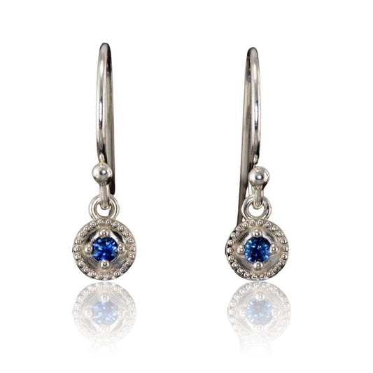 Australian Kings Plain Royal Blue Sapphire Round Milgrain Dangle Earrings Sterling Silver Earrings by Nodeform
