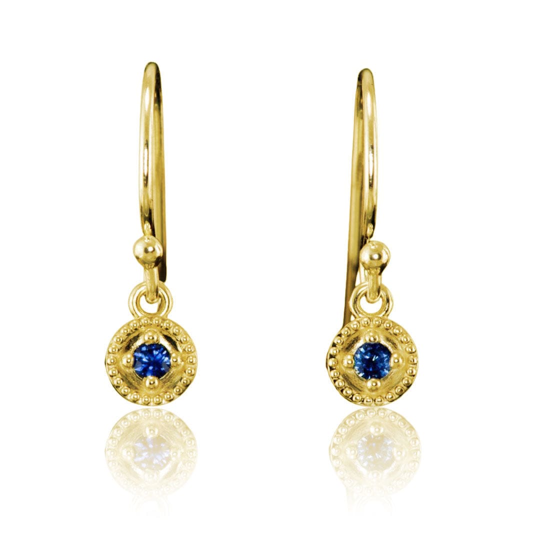 Australian Kings Plain Royal Blue Sapphire Round Milgrain Dangle Earrings 14k Yellow Gold Earrings by Nodeform