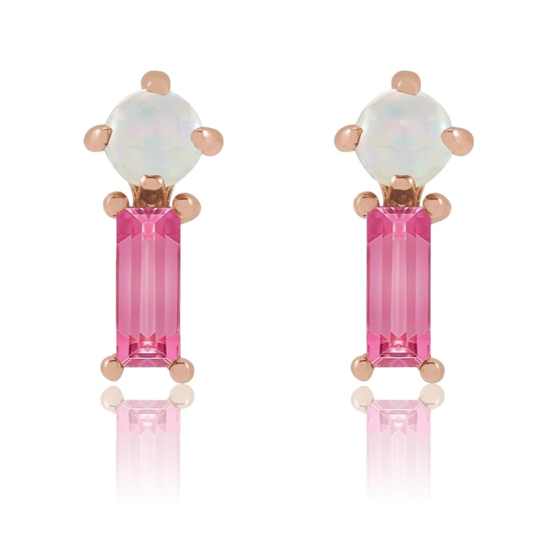 Pink Baguette Tourmaline & Opal Gold or Platinum Stud Earrings 14k Rose Gold Earrings by Nodeform