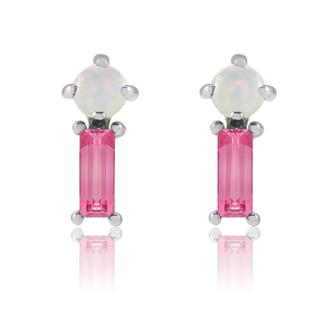 Pink Baguette Tourmaline & Opal Gold or Platinum Stud Earrings 14k White Gold Earrings by Nodeform