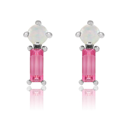 Pink Baguette Tourmaline & Opal Gold or Platinum Stud Earrings 14k White Gold Earrings by Nodeform
