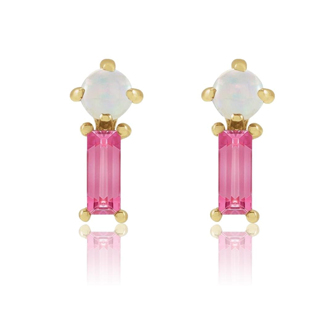 Pink Baguette Tourmaline & Opal Gold or Platinum Stud Earrings 14k Yellow Gold Earrings by Nodeform