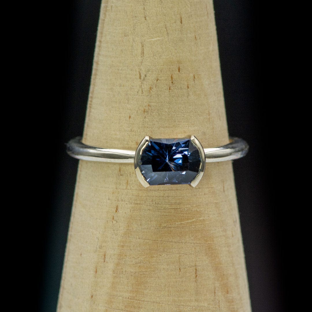 Barrel Cut Blue Spinel 14k White Gold Half Bezel Solitaire Engagement Ring Ring Ready To Ship by Nodeform