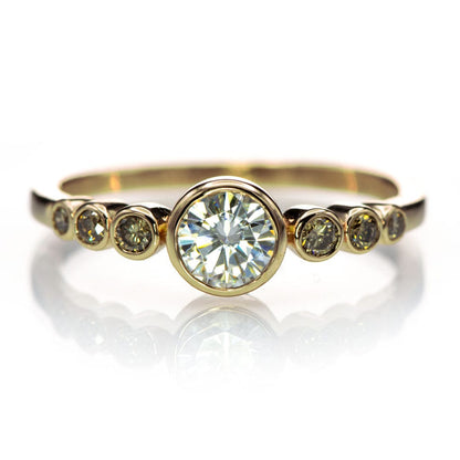 Moissanite, Diamond or White Sapphire & Graduated Champagne Diamond Bezel Engagement Ring 14k Yellow Gold / 5mm Near-Colorless F1 Moissanite (GHI Color) Ring by Nodeform