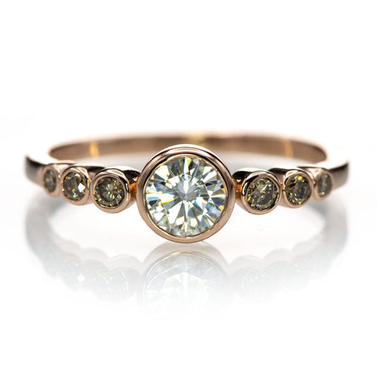 Moissanite, Diamond or White Sapphire & Graduated Champagne Diamond Bezel Engagement Ring 14k Rose Gold / 5mm Near-Colorless F1 Moissanite (GHI Color) Ring by Nodeform