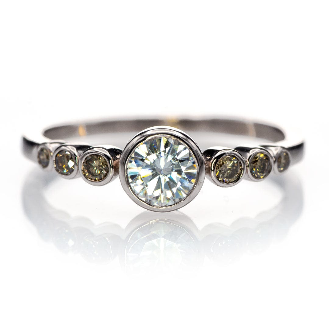 Moissanite, Diamond or White Sapphire & Graduated Champagne Diamond Bezel Engagement Ring 14k White Gold / 5mm Near-Colorless F1 Moissanite (GHI Color) Ring by Nodeform