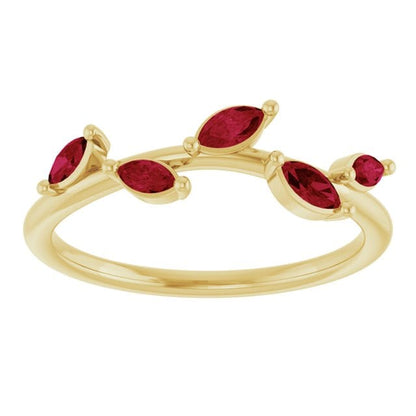 Blue Sapphire or Ruby Phyliss Band - Delicate Leaf Ring Stacking Anniversary Ring All genuine Rubies / 14K Yellow Gold Ring by Nodeform