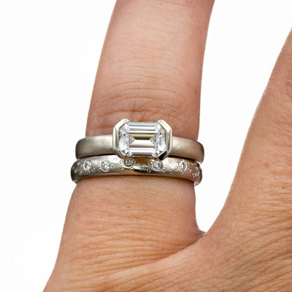 Sideways Emerald Cut Moissanite Ring Half Bezel Halley Solitaire Engagement Ring Ring by Nodeform