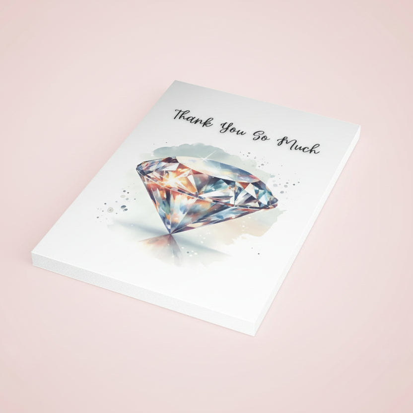 10 pack of thank you so much folded greeting cards with watercolor diamond illustration
