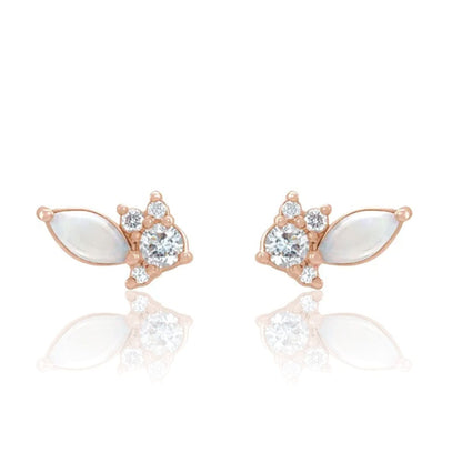 Marquise Opal & Diamond Cluster Gold or Platinum Leaf Stud Earrings 14k Rose Gold Earrings by Nodeform