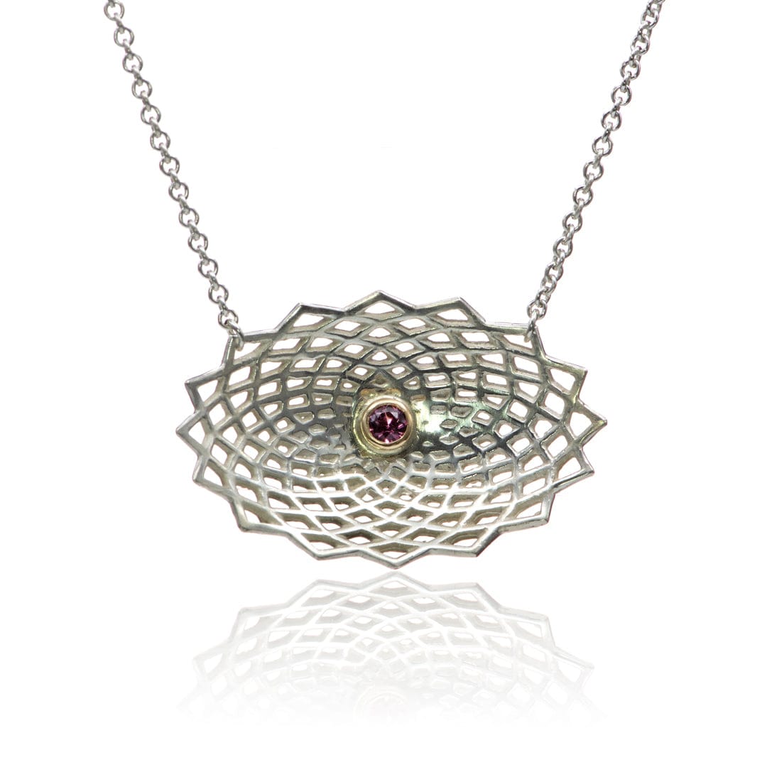 Oval Horizontal Lattice Sterling Silver Pendant Necklace With Pink Tourmaline in Gold Bezel Necklace / Pendant by Nodeform