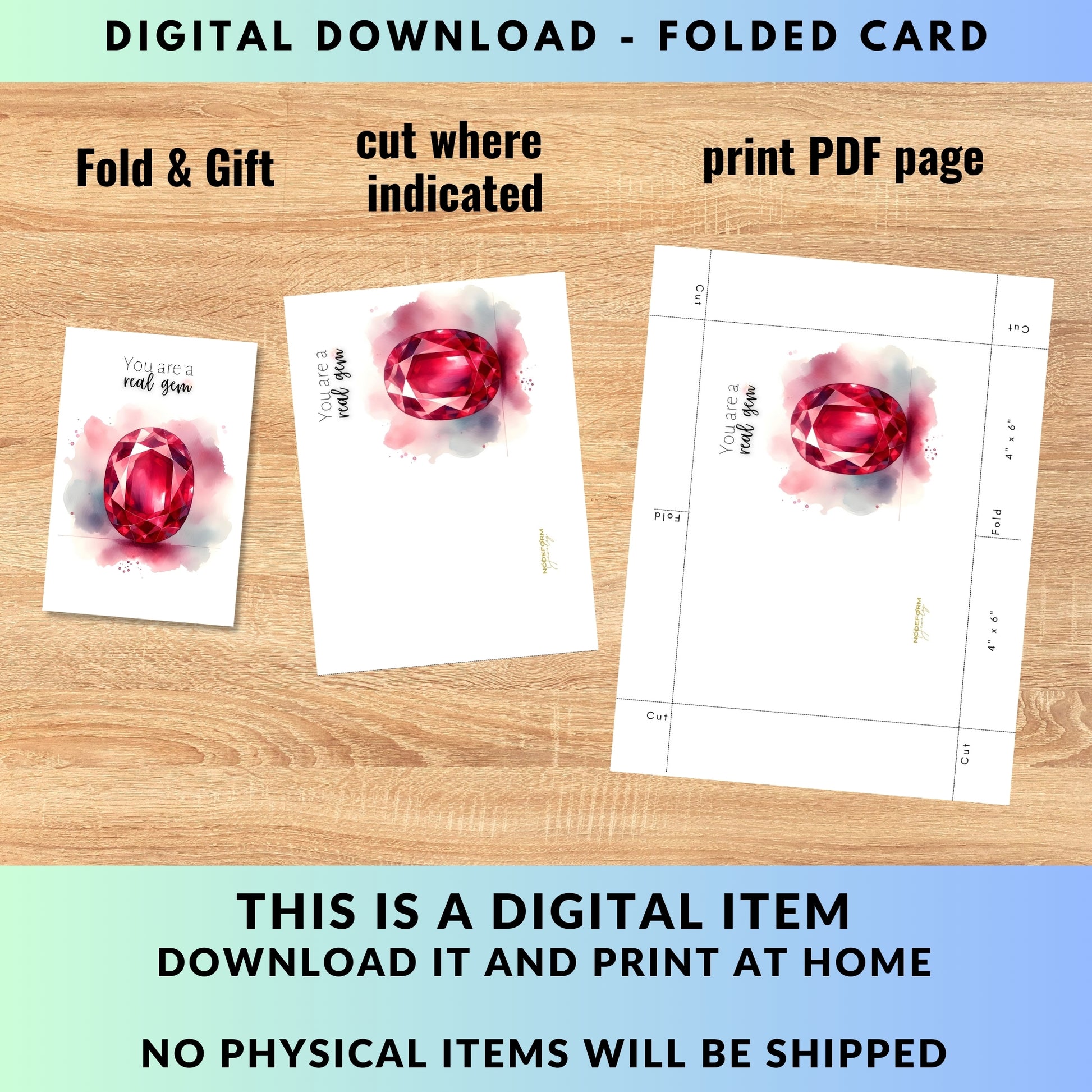 digital "You are a real gem" Watercolor Oval  Ruby  Folded anniversary or Birthday Card  by Nodeform