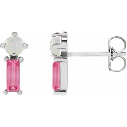 Pink Baguette Tourmaline & Opal Gold or Platinum Stud Earrings Earrings by Nodeform