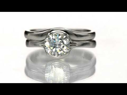 Bridal Set Round Moissanite Fold Semi-Bezel Set Solitaire Engagement Ring and Wedding Band