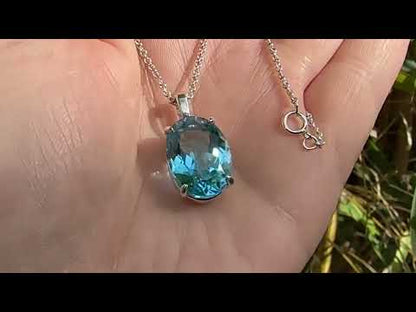 Oval Swiss Blue Topaz Sterling Silver Prong Set Gemstone Pendant Necklace, Ready to ship