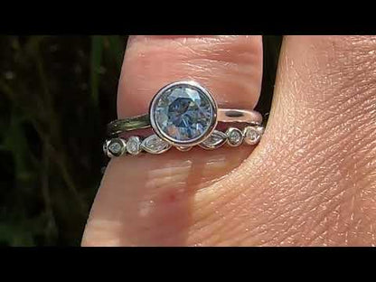 Round Blue-Gray Moissanite Bezel Set Accented Cathedral Odette Engagement Ring