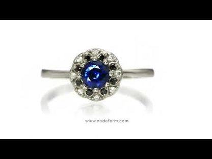 Chatham Blue Sapphire, Black & White Diamond Halo Palladium Engagement Ring, size 4 to 9