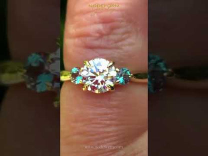 Tracy - Three Stone Diamond Prong Set Engagement Ring with Alexandrite Side Stones