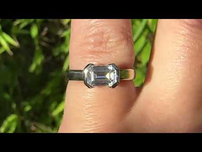 Sideways Emerald Cut Moissanite Ring Half Bezel Halley Solitaire Engagement Ring