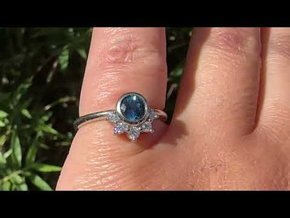 Juno - Bezel Set Round Teal Blue Sapphire Platinum Engagement Ring with Diamond Half Halo Accents