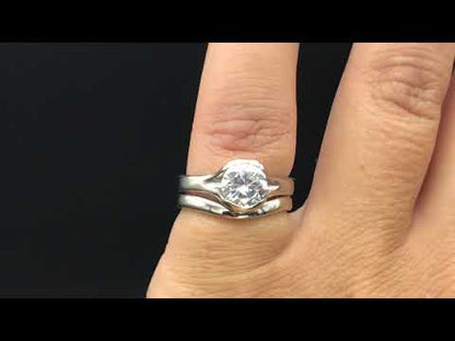 Bridal Set Round Moissanite Fold Semi-Bezel Set Solitaire Engagement Ring and Wedding Band