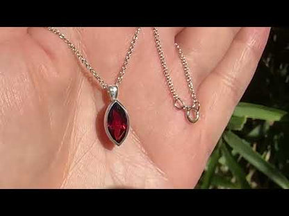 Marquise Garnet Sterling Silver Bezel Set Pendant Necklace, Ready to Ship