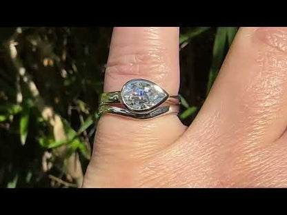 Pear Moissanite Tear Drop Bezel Bridal Set Engagement Ring and Wedding Band