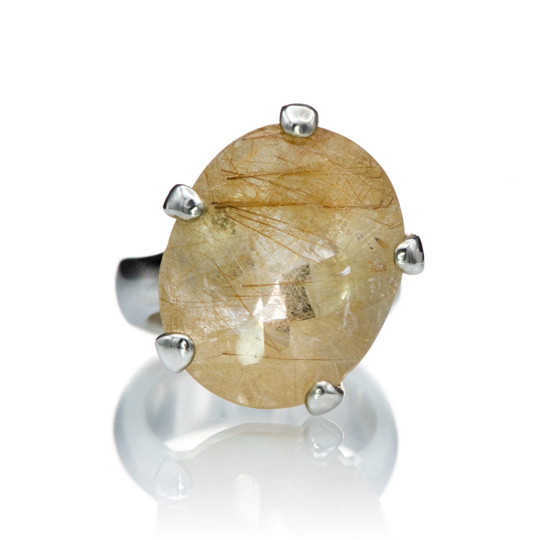 Golden Rutile Quartz Rock in Paw Prong Solitaire Sterling Silver Ring - Cocktail Ring, size 5 Ring Ready To Ship by Nodeform