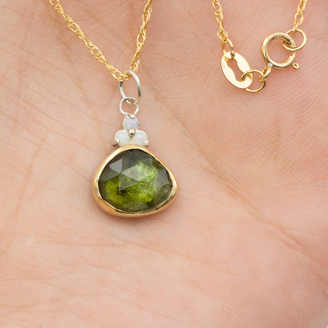 Rose cut Green Tourmaline & Opal Pendant Necklace in Sterling Silver and 18k gold , Ready to ship Necklace / Pendant by Nodeform