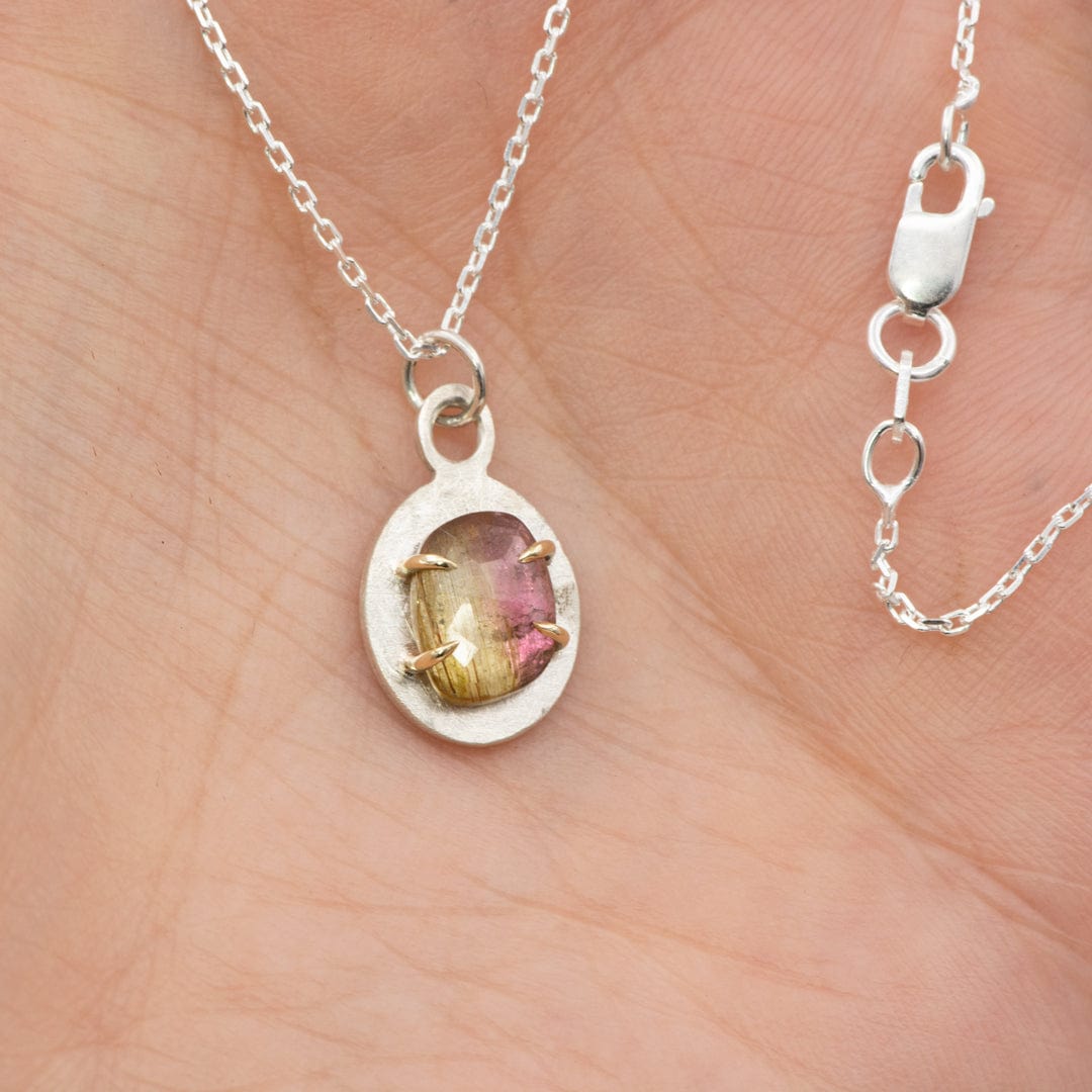 Rose cut Light Olive/Pink Tourmaline Charm Pendant Necklace in Sterling Silver and 14k gold , Ready to ship Necklace / Pendant by Nodeform
