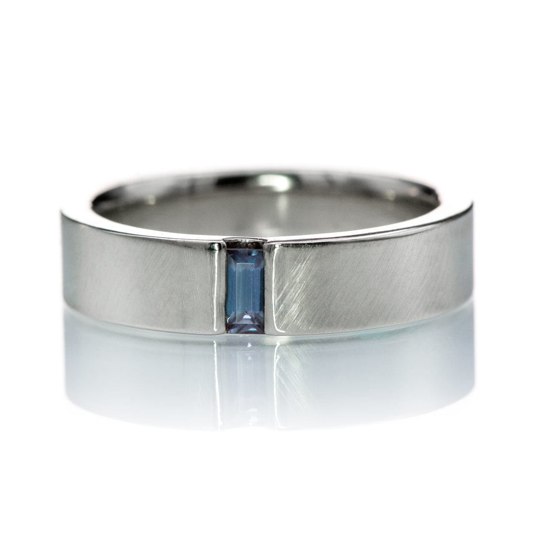 Simple Channel Set Lab Created Baguette Alexandrite Men's Wedding Band, Comfort Fit 14k White Gold Ring by Nodeform