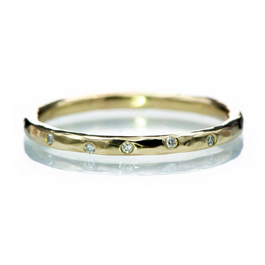 Thin White Sapphire Wedding Ring Skinny Hammered Texture Wedding Band 5 White Sapphires / 14k Yellow Gold Ring by Nodeform