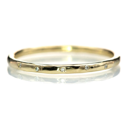 Thin Diamond Wedding Ring Skinny Hammered Texture Wedding Band 5 Diamonds / 14k Yellow Gold Ring by Nodeform