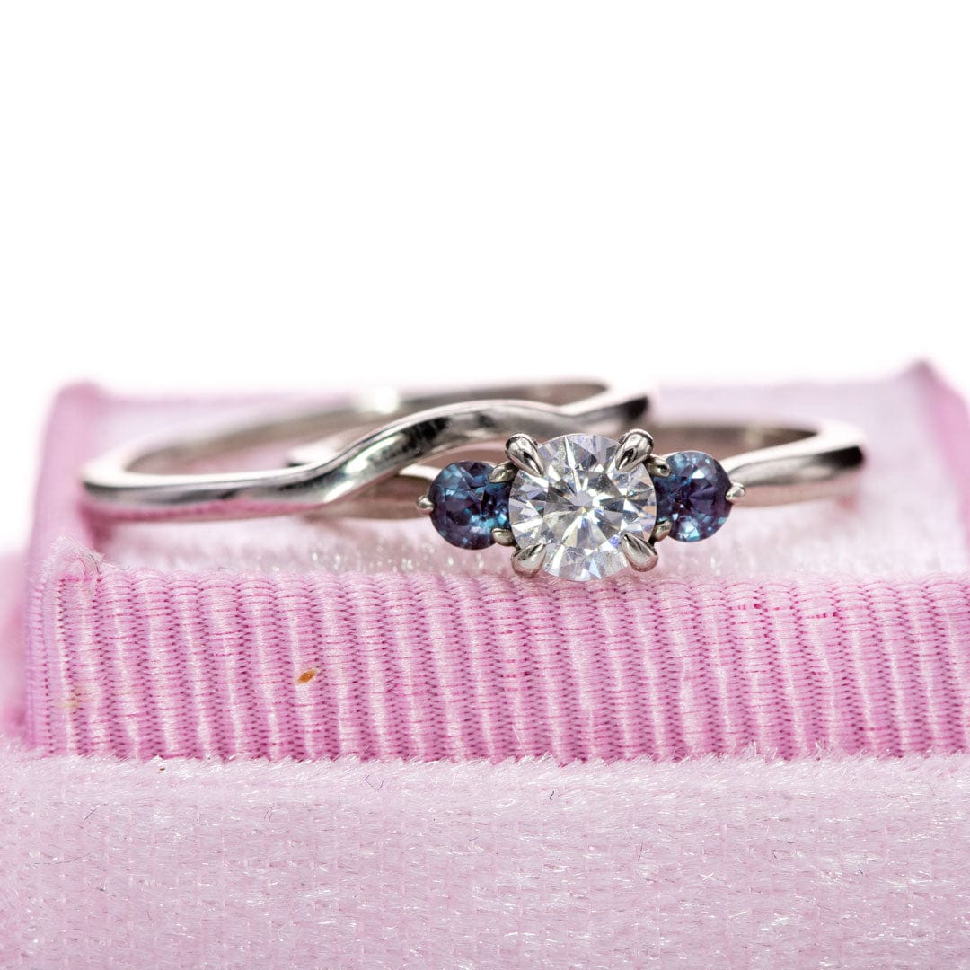 Tracy - Three Stone Diamond Prong Set Engagement Ring with Alexandrite Side Stones Ring by Nodeform