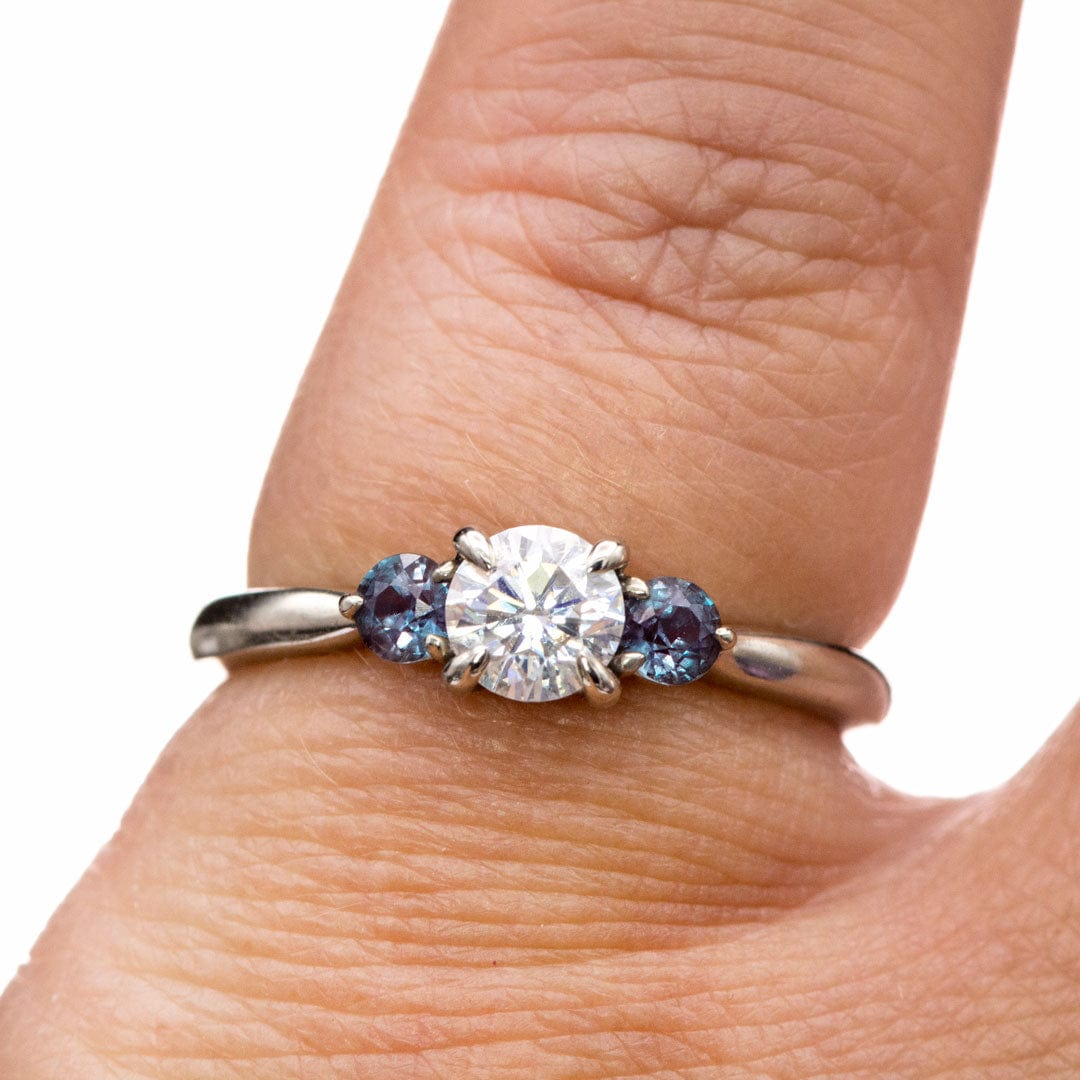 Tracy - Three Stone Diamond Prong Set Engagement Ring with Alexandrite Side Stones Ring by Nodeform