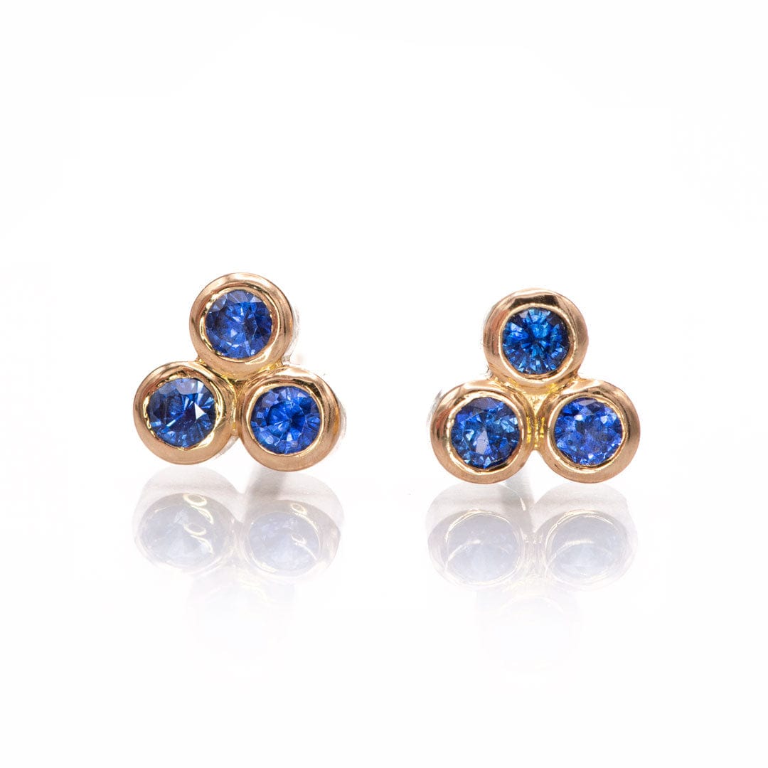 Australian Kings Plain Royal Blue Sapphire Trio Bezel Cluster Stud Earrings 14k Rose Gold Earrings by Nodeform
