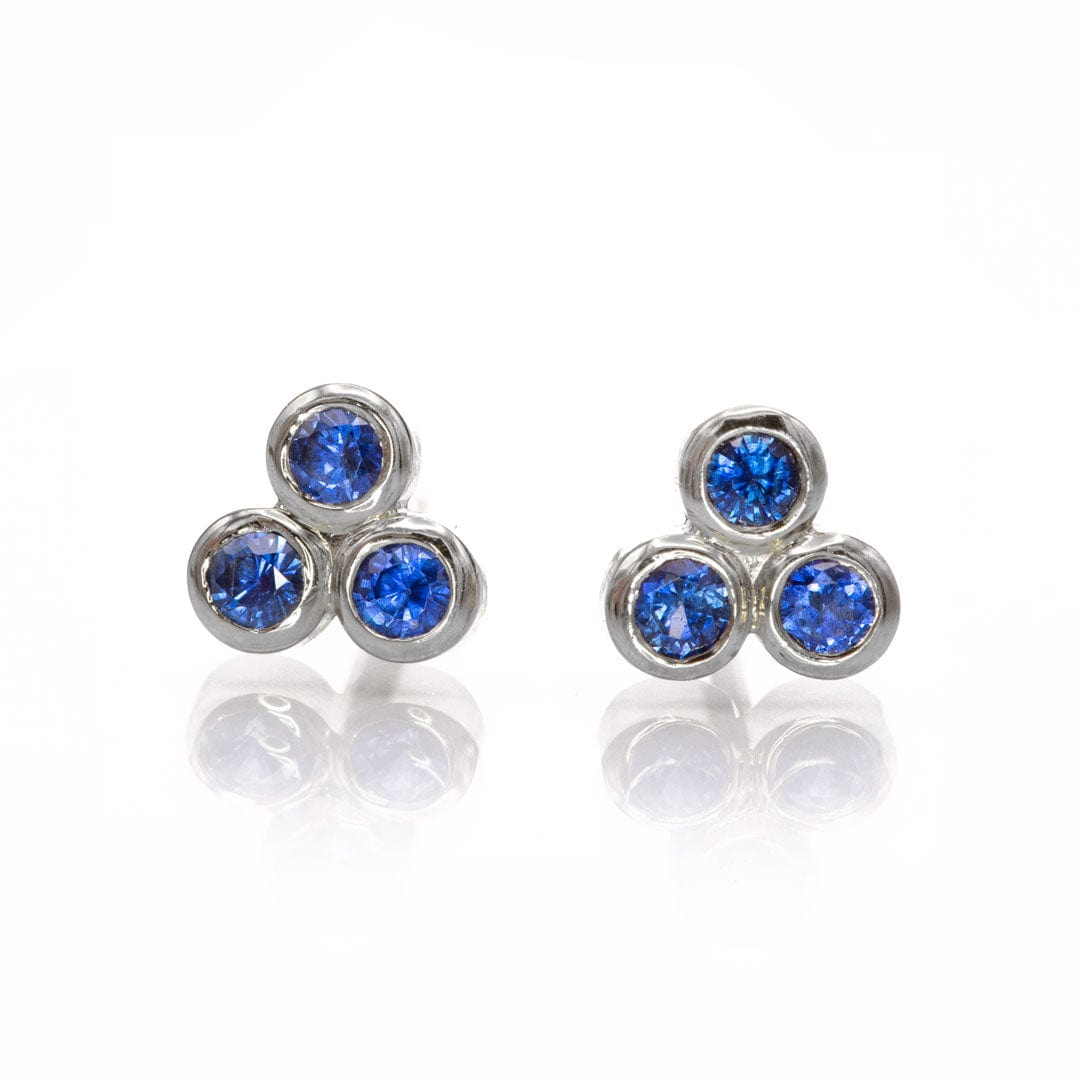 Australian Kings Plain Royal Blue Sapphire Trio Bezel Cluster Stud Earrings 14k White Gold Earrings by Nodeform