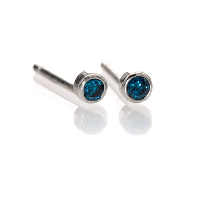 Tiny Teal Blue Diamond Bezel Set Gold or Platinum Single or Pair of Stud Earrings 14k White Gold / 2mm diameter/~0.03 ct / Pair Earrings by Nodeform