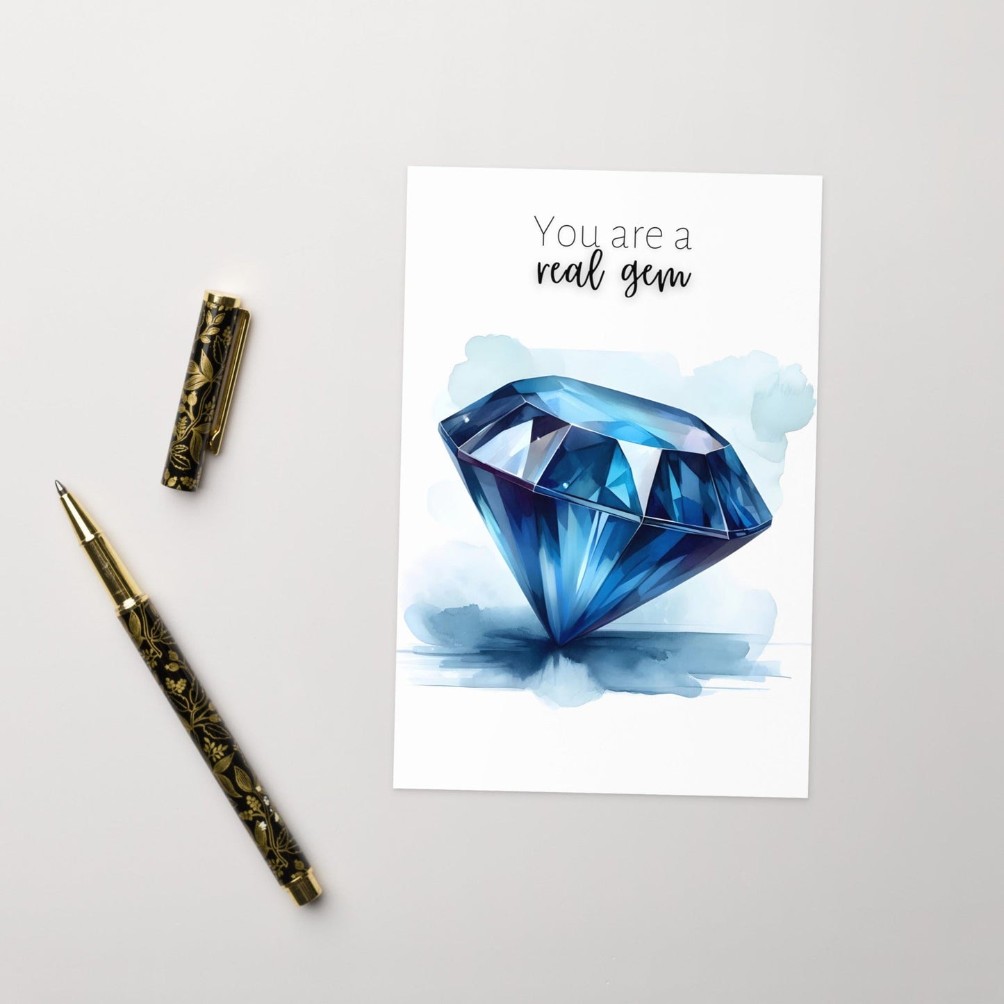 "You are a real gem" Watercolor Round Blue Sapphire Greeting Card Cards by Nodeform