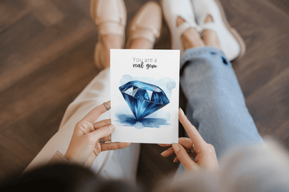 "You are a real gem" Watercolor Round Blue Sapphire Greeting Card Cards by Nodeform