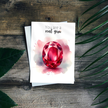"You are a real gem" Watercolor Oval  Ruby  Folded anniversary or Birthday Card  by Nodeform